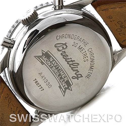 This image shows the stainless steel back case of a Breitling Navitimer A41330 Men's Stainless Steel Black Dial A41330 Men's Stainless Steel Black Dial watch, highlighting its markings and leather strap.