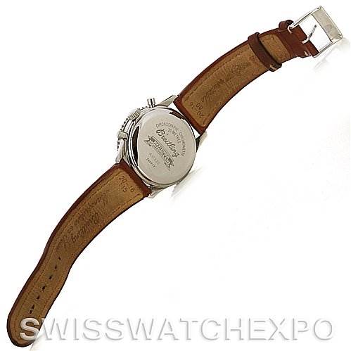 This image shows the underside of a Breitling Navitimer A41330 Men's Stainless Steel Black Dial A41330 Men's Stainless Steel Black Dial watch, including the back case and leather strap.