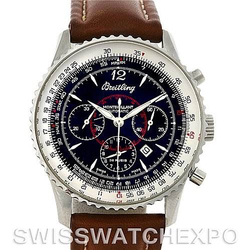 This image shows a Breitling Navitimer A41330 Men's Stainless Steel Black Dial A41330 Men's Stainless Steel Black Dial watch from the front angle, highlighting its dial, bezel, and leather strap.