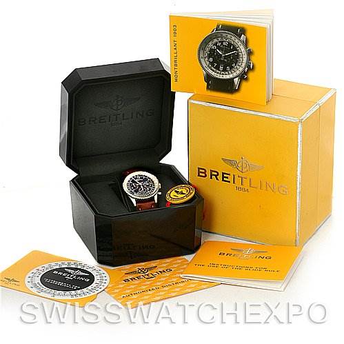 The image shows a Breitling Navitimer A41330 Men's Stainless Steel Black Dial A41330 Men's Stainless Steel Black Dial watch in its black case, alongside manuals and packaging.