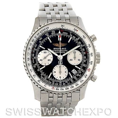 The image shows a front view of a Breitling Navitimer A23322 Men
s Stainless Steel Black Dial A23322 Men
s Stainless Steel Black Dial watch, highlighting its dial, chronograph sub-dials, and metal bracelet.