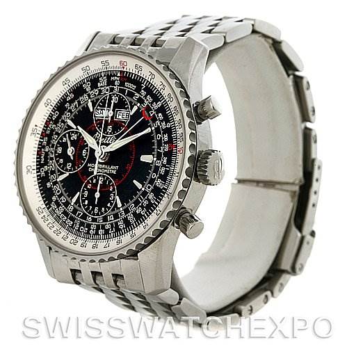 The image shows a side angle of a Breitling Navitimer A2133012/B571 Men's Stainless Steel Black Dial A2133012/B571 Men's Stainless Steel Black Dial watch, highlighting its dial, bezel, crown, pushers, and metal bracelet.