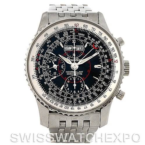 The image shows a front view of the Breitling Navitimer A2133012/B571 Men's Stainless Steel Black Dial A2133012/B571 Men's Stainless Steel Black Dial watch, displaying its dial, bezel, crown, and part of the bracelet.