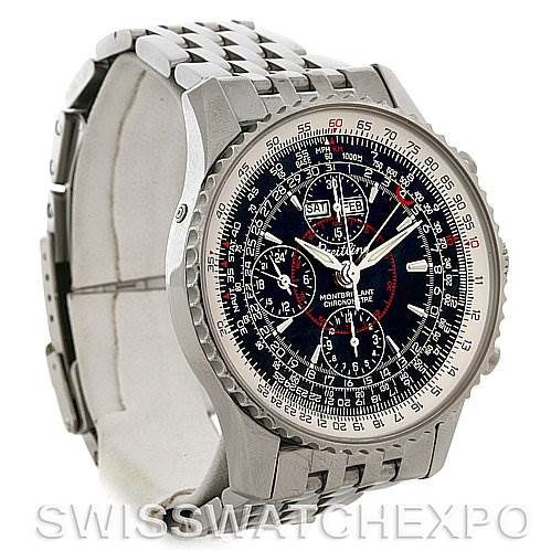 This image shows a Breitling Navitimer A2133012/B571 Men's Stainless Steel Black Dial A2133012/B571 Men's Stainless Steel Black Dial watch at an angle displaying its face and metal bracelet.