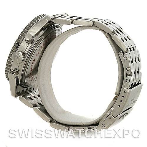 The image shows a side angle view of the Breitling Navitimer A2133012/B571 Men's Stainless Steel Black Dial A2133012/B571 Men's Stainless Steel Black Dial watch focusing on the case, bezel, and metal bracelet with a clasp.