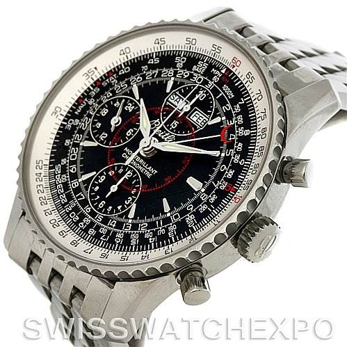 The image shows a Breitling Navitimer A2133012/B571 Men's Stainless Steel Black Dial A2133012/B571 Men's Stainless Steel Black Dial watch at a slight angle, highlighting its face, bezel, crown, pushers, and steel bracelet.