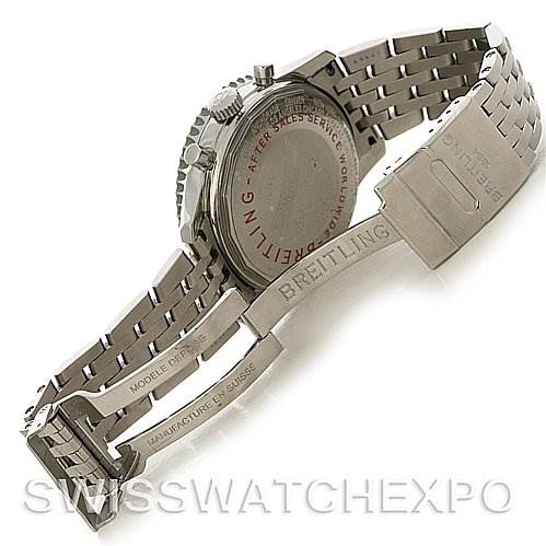 This image shows the Breitling Navitimer A2133012/B571 Men's Stainless Steel Black Dial A2133012/B571 Men's Stainless Steel Black Dial watch from the back, focusing on the open clasp and metal bracelet.