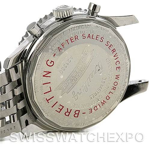 The image shows the case back and part of the bracelet of a Breitling Navitimer A2133012/B571 Men's Stainless Steel Black Dial A2133012/B571 Men's Stainless Steel Black Dial watch.