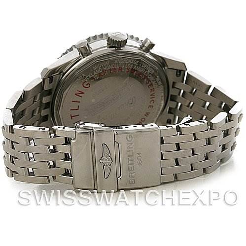 This image shows the back of a Breitling Navitimer A2133012/B571 Men's Stainless Steel Black Dial A2133012/B571 Men's Stainless Steel Black Dial watch, highlighting the stainless steel case back and bracelet with clasp.