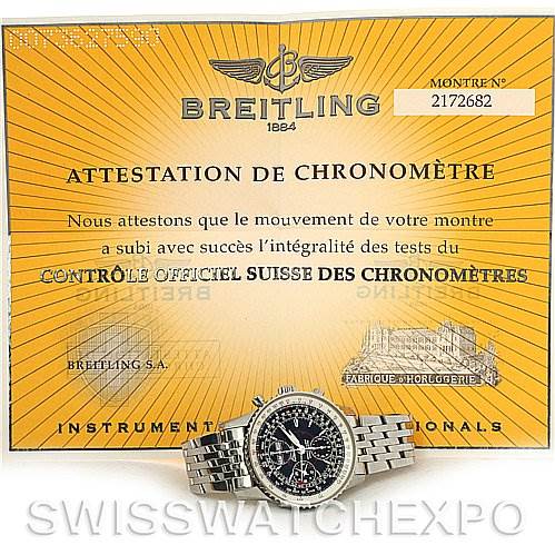 The image shows a Breitling Navitimer A2133012/B571 Men's Stainless Steel Black Dial A2133012/B571 Men's Stainless Steel Black Dial watch from a front angle with a certificate of chronometer authentication in the background.