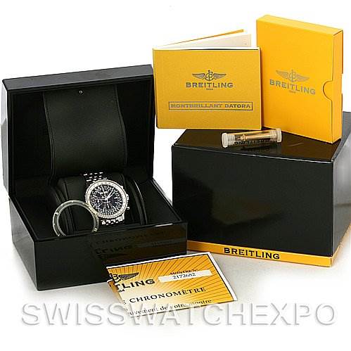 The image shows a Breitling Navitimer A2133012/B571 Men's Stainless Steel Black Dial A2133012/B571 Men's Stainless Steel Black Dial watch in its box with accessories, including documentation and a tag.