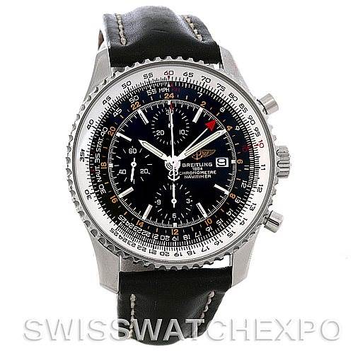 This image shows a front view of a Breitling Navitimer A24322 Men
s Stainless Steel Black Dial A24322 Men
s Stainless Steel Black Dial watch, highlighting its bezel, dial, crown, and leather strap.