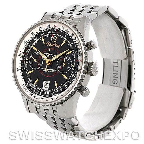 The image shows a Breitling Navitimer A48330 Men's Stainless Steel Black Dial A48330 Men's Stainless Steel Black Dial watch at an angled side view, showcasing the face, bezel, crown, and bracelet.