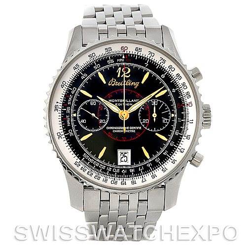 The image shows a Breitling Navitimer A48330 Men's Stainless Steel Black Dial A48330 Men's Stainless Steel Black Dial watch from the front, displaying its black dial, chronograph sub-dials, bezel, and metal bracelet.