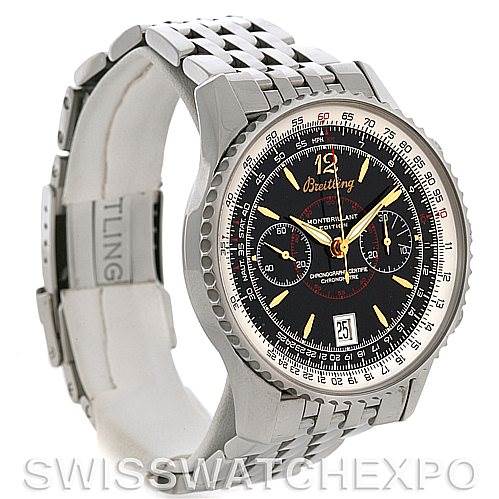 This image shows a Breitling Navitimer A48330 Men's Stainless Steel Black Dial A48330 Men's Stainless Steel Black Dial watch at a three-quarter angle, displaying the face, bezel, and metal bracelet.