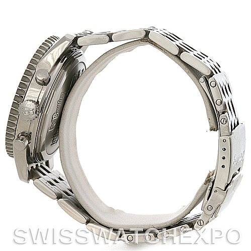 Profile view of a Breitling Navitimer A48330 Men's Stainless Steel Black Dial A48330 Men's Stainless Steel Black Dial showing the stainless steel case, bezel, side buttons, and linked bracelet.