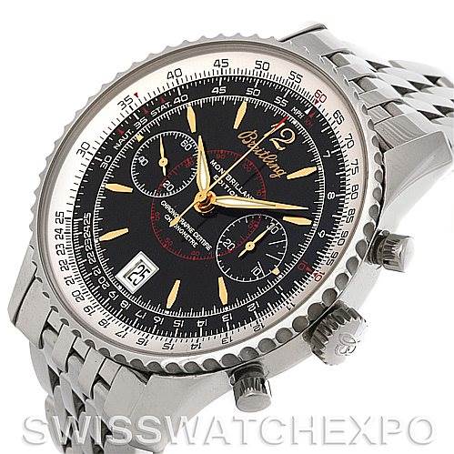 The image shows a close-up of the Breitling Navitimer A48330 Men's Stainless Steel Black Dial A48330 Men's Stainless Steel Black Dial watch, highlighting its face, bezel, and side crown with pushers.