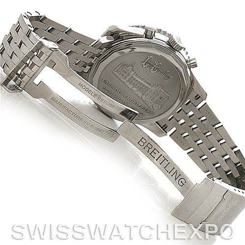 The image shows the backside and clasp of the Breitling Navitimer A48330 Men's Stainless Steel Black Dial A48330 Men's Stainless Steel Black Dial watch, highlighting the engraved case back and metal bracelet.