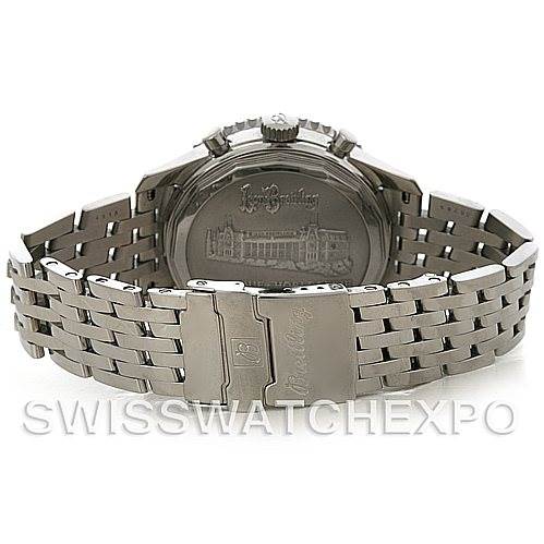 This image shows the Breitling Navitimer A48330 Men's Stainless Steel Black Dial A48330 Men's Stainless Steel Black Dial watch from the back, highlighting the case, bracelet, and clasp.