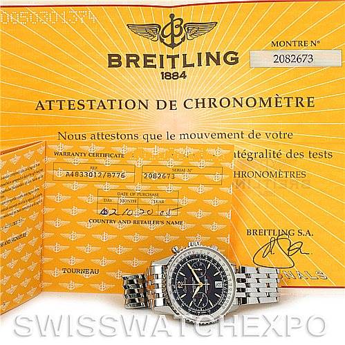 The image shows a Breitling Navitimer A48330 Men's Stainless Steel Black Dial A48330 Men's Stainless Steel Black Dial watch placed on its opened warranty certificate against a branded background.