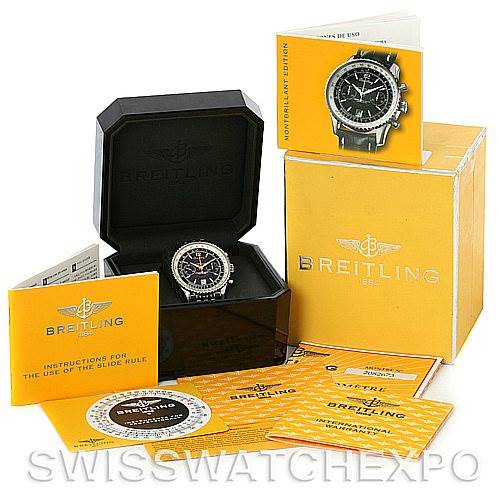 The image shows a Breitling Navitimer A48330 Men's Stainless Steel Black Dial A48330 Men's Stainless Steel Black Dial watch in its box, accompanied by manuals and instructional booklets.