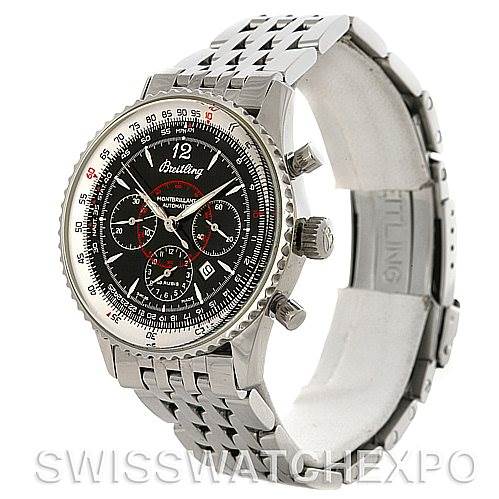 The image shows a Breitling Navitimer A41330 Men's Stainless Steel Black Dial A41330 Men's Stainless Steel Black Dial watch at a slight angle, highlighting its black dial, bezel, chronographs, and metal bracelet.