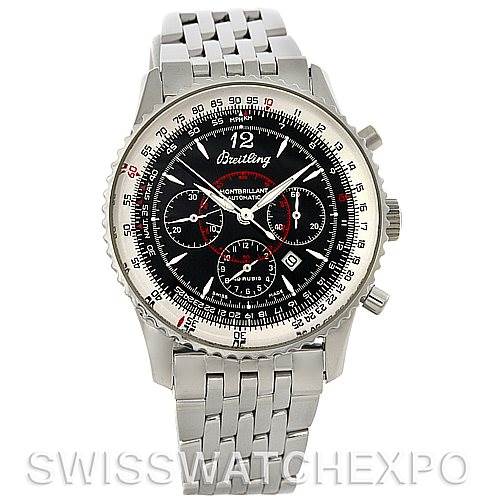 The image shows a front view of a Breitling Navitimer A41330 Men's Stainless Steel Black Dial A41330 Men's Stainless Steel Black Dial watch, highlighting its dial, bezel, and bracelet.