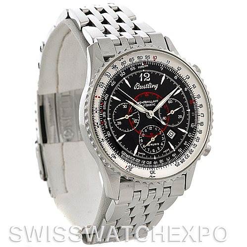 This image shows the Breitling Navitimer A41330 Men's Stainless Steel Black Dial A41330 Men's Stainless Steel Black Dial watch at a three-quarters angle, highlighting its dial, bezel, and metal bracelet.