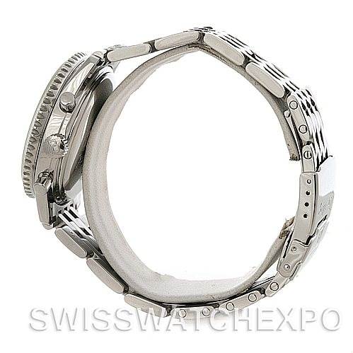 This side view of the Breitling Navitimer A41330 Men's Stainless Steel Black Dial A41330 Men's Stainless Steel Black Dial watch showcases its stainless steel bracelet and case with prominent crown and pushers.