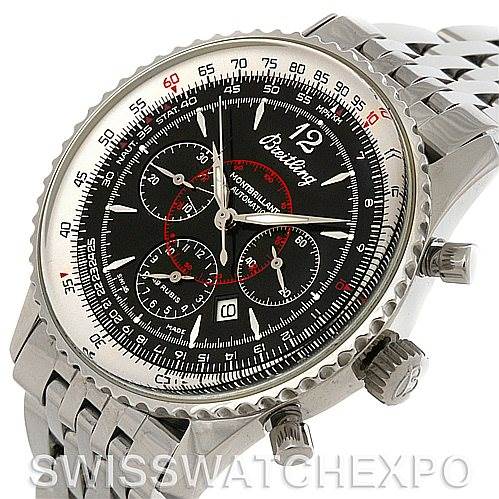 The Breitling Navitimer A41330 Men's Stainless Steel Black Dial A41330 Men's Stainless Steel Black Dial watch is shown at an angle highlighting its face, bezel, crown, and stainless steel bracelet.