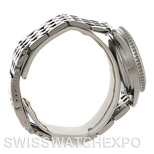 Side angle view of the Breitling Navitimer A41330 Men's Stainless Steel Black Dial A41330 Men's Stainless Steel Black Dial watch showcasing its metal bracelet and bezel.