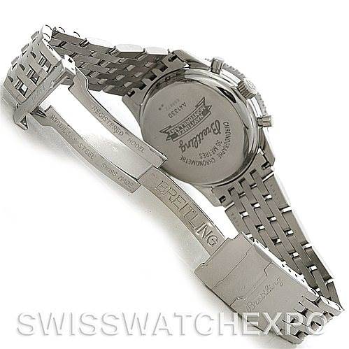 The image shows the back and open clasp of a Breitling Navitimer A41330 Men's Stainless Steel Black Dial A41330 Men's Stainless Steel Black Dial watch, highlighting the metal back case and bracelet.