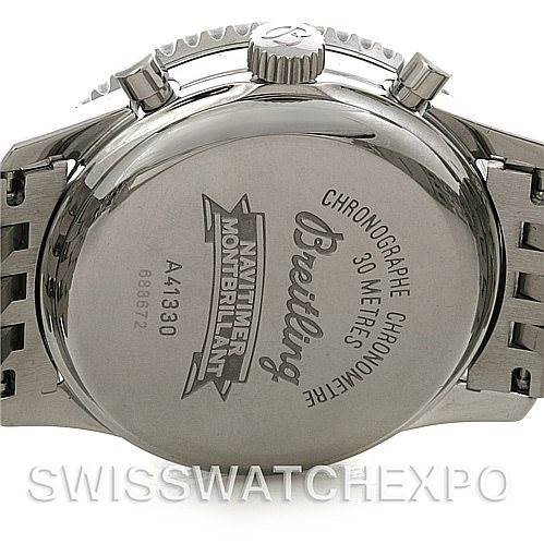 The image shows the back case of a Breitling Navitimer A41330 Men's Stainless Steel Black Dial A41330 Men's Stainless Steel Black Dial Montbrillant watch, highlighting its engravings and metal bracelet.