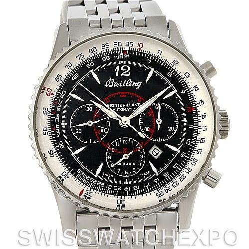 This image shows a front view of a Breitling Navitimer A41330 Men's Stainless Steel Black Dial A41330 Men's Stainless Steel Black Dial watch, highlighting the dial, bezel, and stainless steel bracelet.