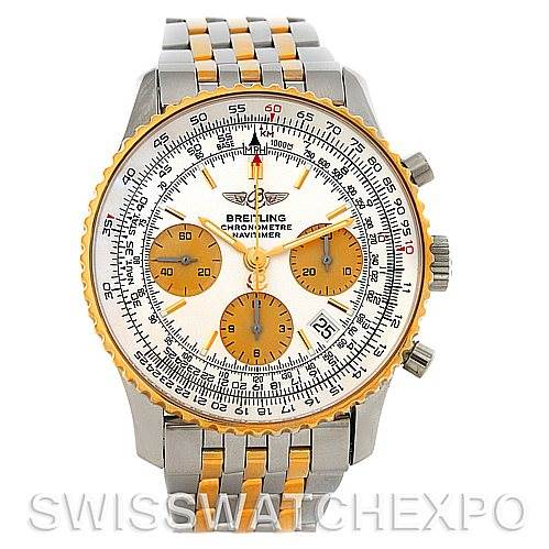 This image shows a front view of a Breitling Navitimer D23322 Men
s Stainless Steel Silver Dial D23322 Men
s Stainless Steel Silver Dial watch, highlighting its dial, bezel, and stainless steel and gold bracelet.