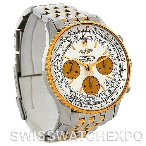 This image shows a Breitling Navitimer D23322 Men
s Stainless Steel Silver Dial D23322 Men
s Stainless Steel Silver Dial watch from an angled side view, highlighting its dial, bezel, and bracelet.