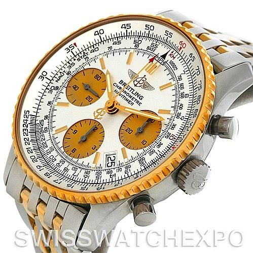 The image shows a Breitling Navitimer D23322 Men
s Stainless Steel Silver Dial D23322 Men
s Stainless Steel Silver Dial watch at an angle that highlights the case, bezel, dial, crown, and bracelet.