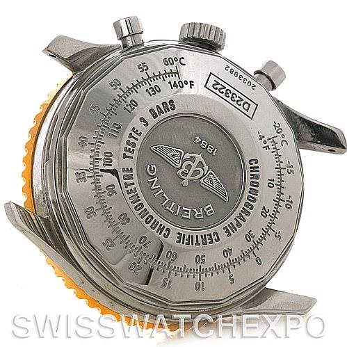 This image shows the back view of a Breitling Navitimer D23322 Men
s Stainless Steel Silver Dial D23322 Men
s Stainless Steel Silver Dial, displaying its case back and chronograph pushers.