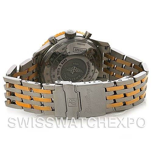 The image shows the back and partial bracelet of a Breitling Navitimer D23322 Men
s Stainless Steel Silver Dial D23322 Men
s Stainless Steel Silver Dial watch, highlighting the case back, clasp, and two-tone bracelet.