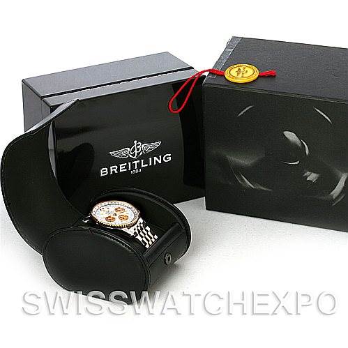 The image shows a Breitling Navitimer D23322 Men
s Stainless Steel Silver Dial D23322 Men
s Stainless Steel Silver Dial watch in a black case with branded packaging and accessories.