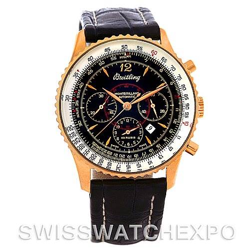 The image shows a Breitling Navitimer H41030 Men's Rose Gold Black Dial H41030 Men's Rose Gold Black Dial watch from a frontal view, highlighting the dial, bezel, case, and strap.
