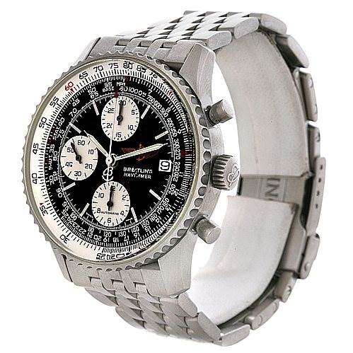 The image shows a Breitling Navitimer A13330 Men's Stainless Steel Black Dial A13330 Men's Stainless Steel Black Dial watch from a front angle, highlighting its black dial, sub-dials, rotating bezel, and metal bracelet.