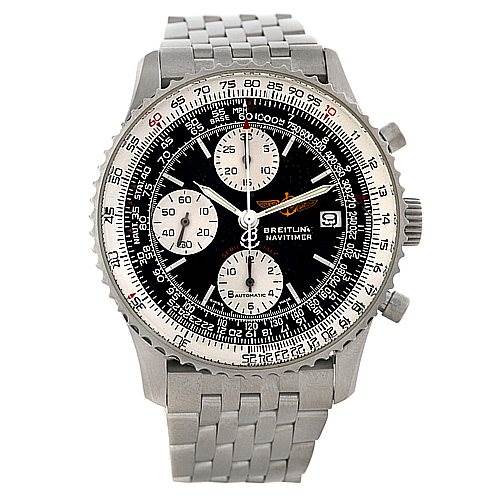 This image shows a frontal view of a Breitling Navitimer A13330 Men's Stainless Steel Black Dial A13330 Men's Stainless Steel Black Dial watch, including the face, bezel, and bracelet.