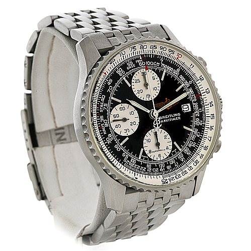 The image shows a Breitling Navitimer A13330 Men's Stainless Steel Black Dial A13330 Men's Stainless Steel Black Dial watch at a left-side angle, featuring its black dial, chronograph subdials, date display, and metal bracelet.