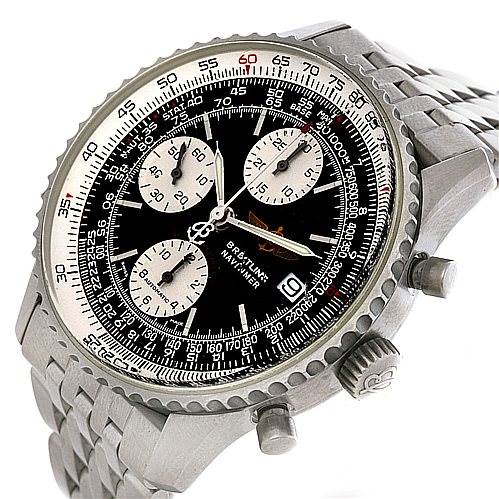 The image shows a Breitling Navitimer A13330 Men's Stainless Steel Black Dial A13330 Men's Stainless Steel Black Dial watch from a slight side angle, highlighting the dial, bezel, and metallic bracelet.