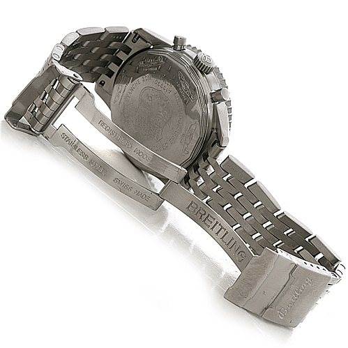 The image shows the backside and metal bracelet of a Breitling Navitimer A13330 Men's Stainless Steel Black Dial A13330 Men's Stainless Steel Black Dial watch, with the clasp and engravings visible.