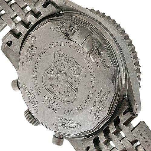 The image shows the case back of a Breitling Navitimer A13330 Men's Stainless Steel Black Dial A13330 Men's Stainless Steel Black Dial watch, highlighting engravings and the metal bracelet.