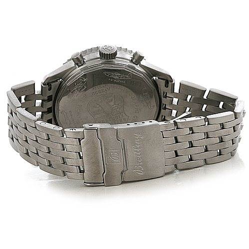 The image shows the back and clasp of a Breitling Navitimer A13330 Men's Stainless Steel Black Dial A13330 Men's Stainless Steel Black Dial watch, highlighting the metal bracelet and engraved case back.