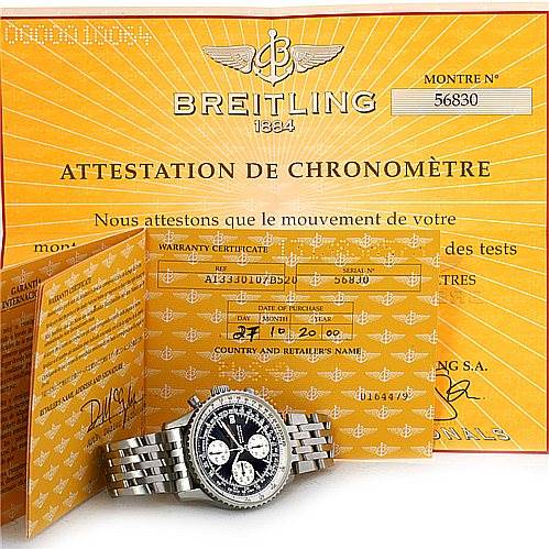 The image shows a Breitling Navitimer A13330 Men's Stainless Steel Black Dial A13330 Men's Stainless Steel Black Dial watch including the face, bezel, and bracelet, along with warranty and chronometer certification documents.