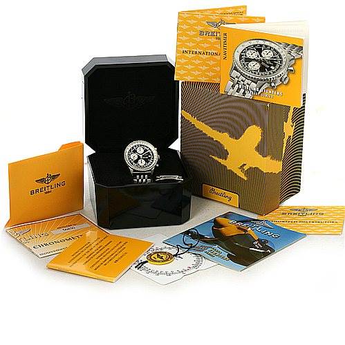 The image shows a Breitling Navitimer A13330 Men's Stainless Steel Black Dial A13330 Men's Stainless Steel Black Dial watch at an angled frontal view, along with its box and various manuals and booklets.